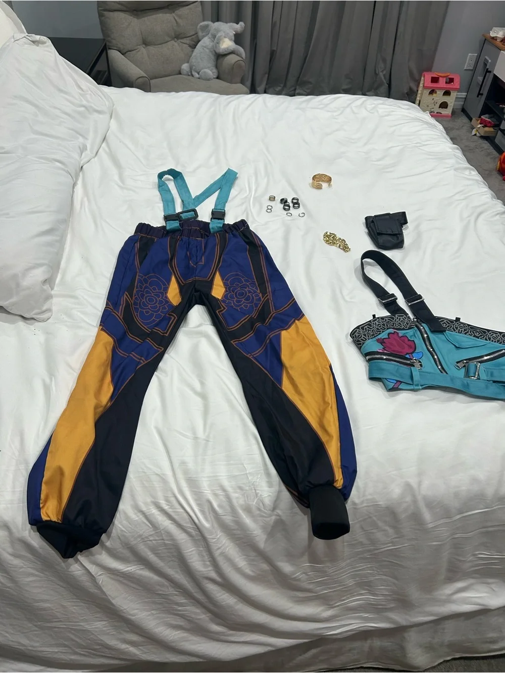 Amazon Kids Blue and Gold Patterned Costume Pants with Teal Suspenders